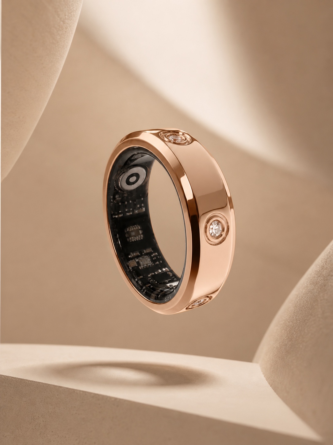 LuxenX Smart Ring in rose gold, floating against sculptural forms